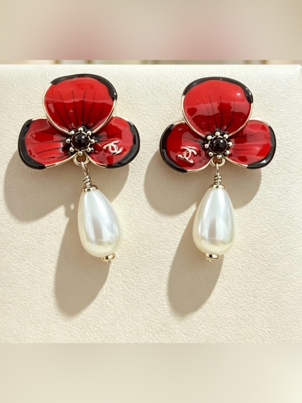 Double C Fall/Winter 2026 Red Floral Pearl Drop Earrings